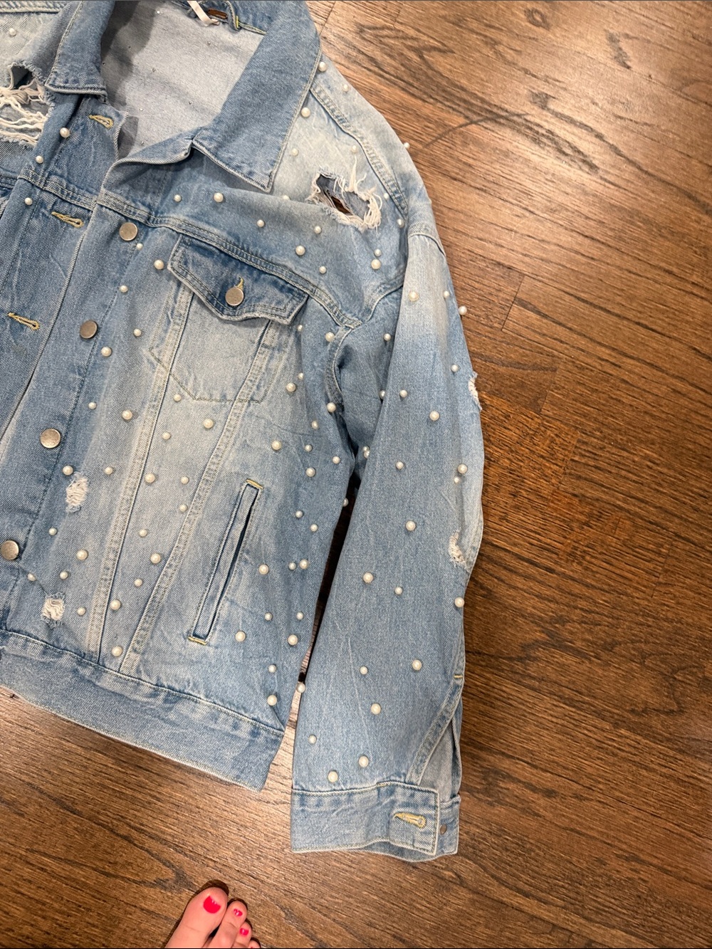 Free People Distressed Light Blue Denim Jacket with Pearl Accents - Picture 4 of 7